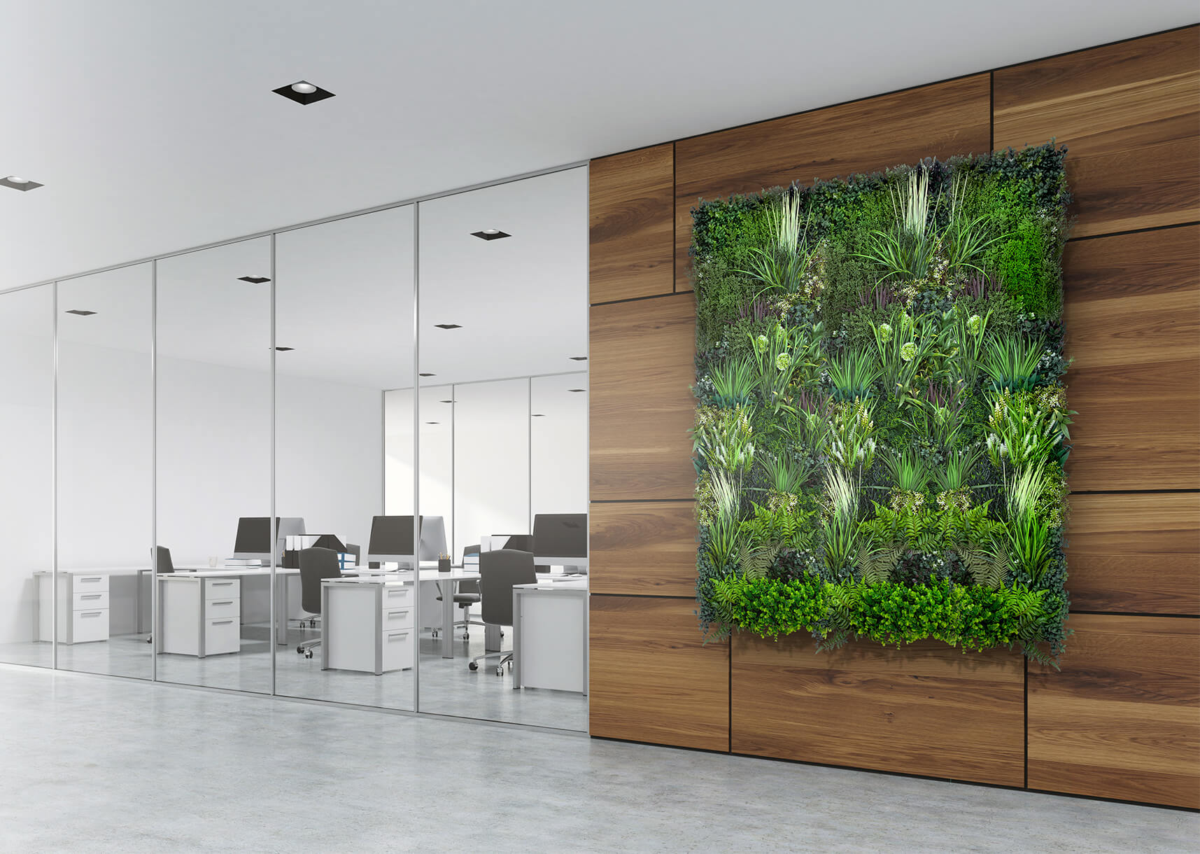 Office with plant wall and yellow desk chairs
