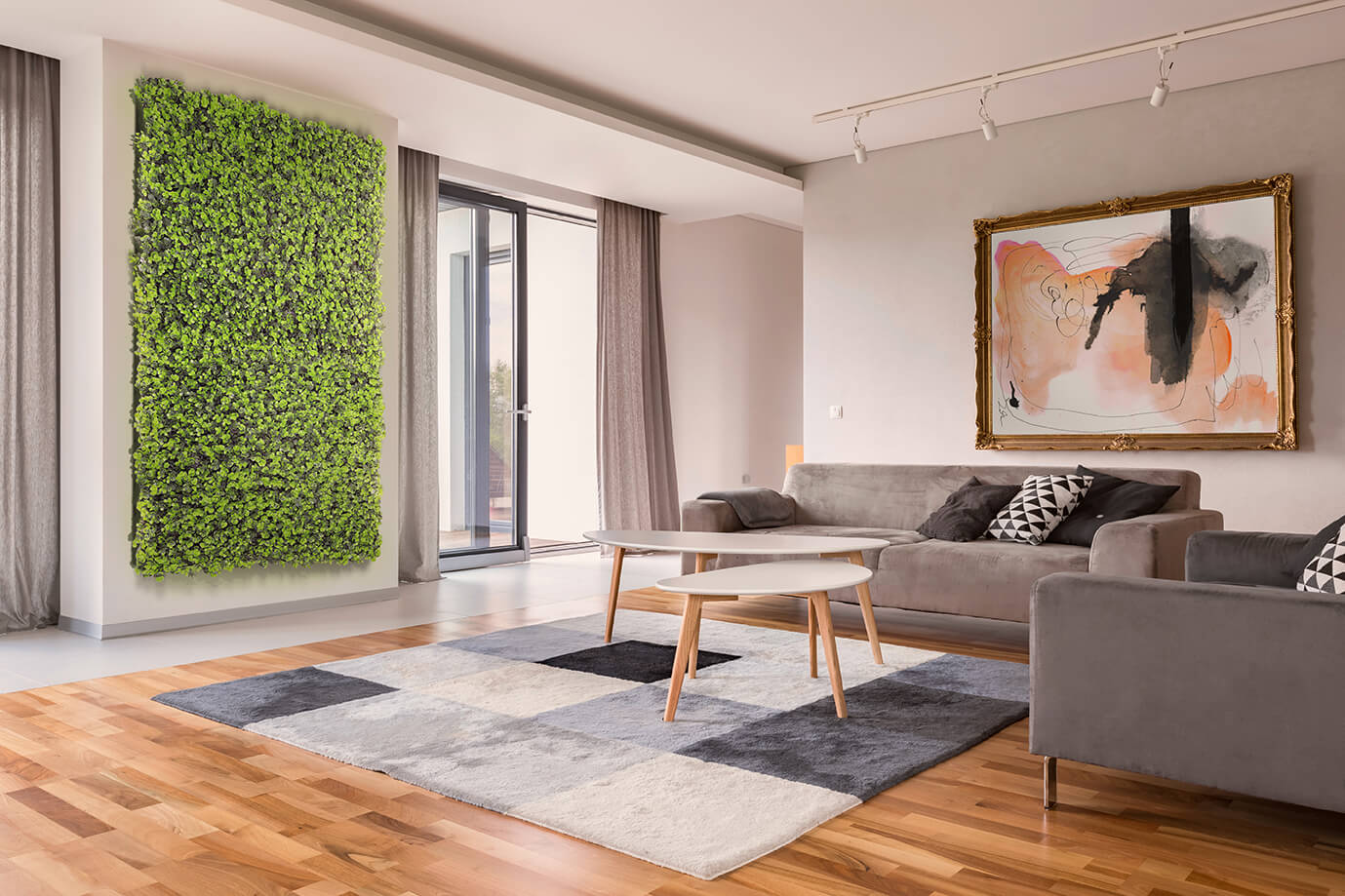 Plant wall in living room with modern furniture