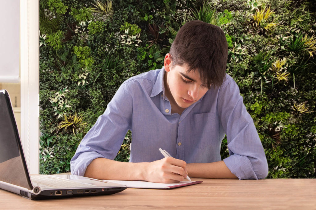 Student studying text book by artificial green wall